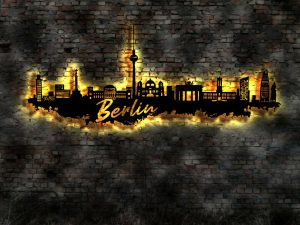 Berlin Stadt Skyline 3D-Wanddeko Bild aus Holz mit LED 