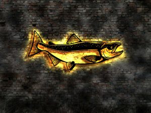 Lachs Fisch 3D Silhouetten Wandbild aus Holz mit LED beleuchtet