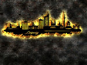 Leipzig Stadt Skyline 3D-Wandbild aus Holz mit LED 