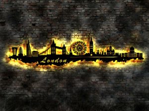 London Skyline LED Silhouetten Wandbild aus Holz