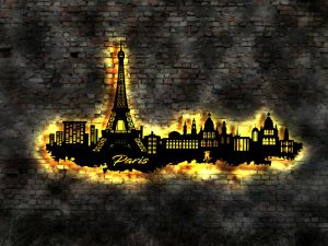 Paris Eiffelturm Skyline 3D- Wanddekoration aus Holz mit LED
