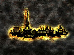 Paris Eiffelturm Skyline 3D- Wandbild aus Holz mit LED