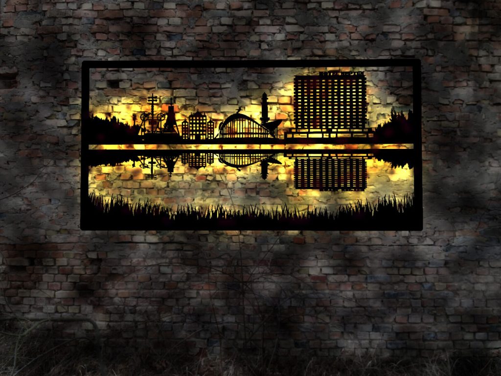 Warnemünde Skyline LED Wandbild aus Holz